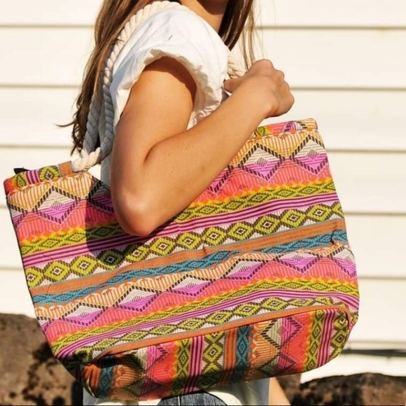 ❌SOLD in Bundle❌Aztec Southwestern Canvas Rope Handle Tote Beach Bag Summer NEW - Picture 6 of 7